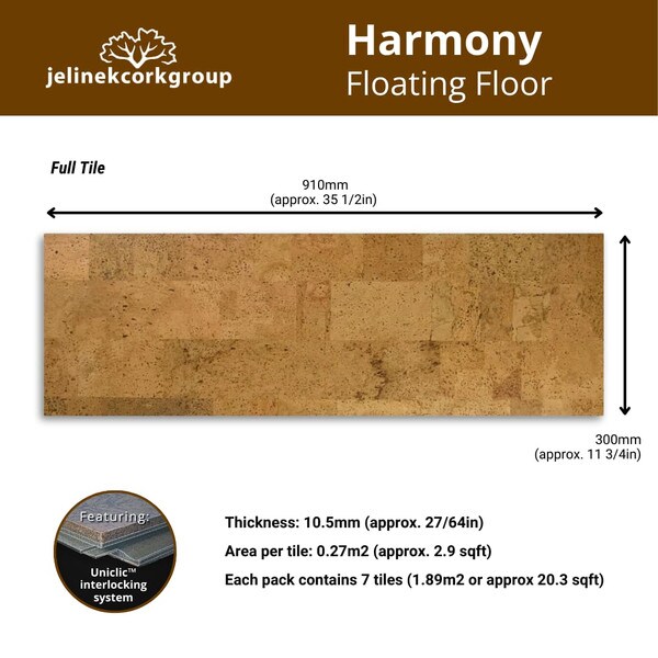 Harmony cork floating floor full tile with dimensions